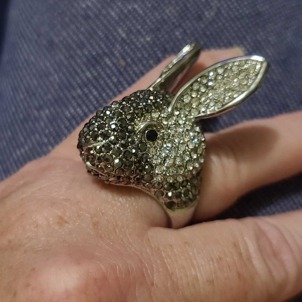 Crystal Bunny Rabbit Statement Ring in Black and Silver